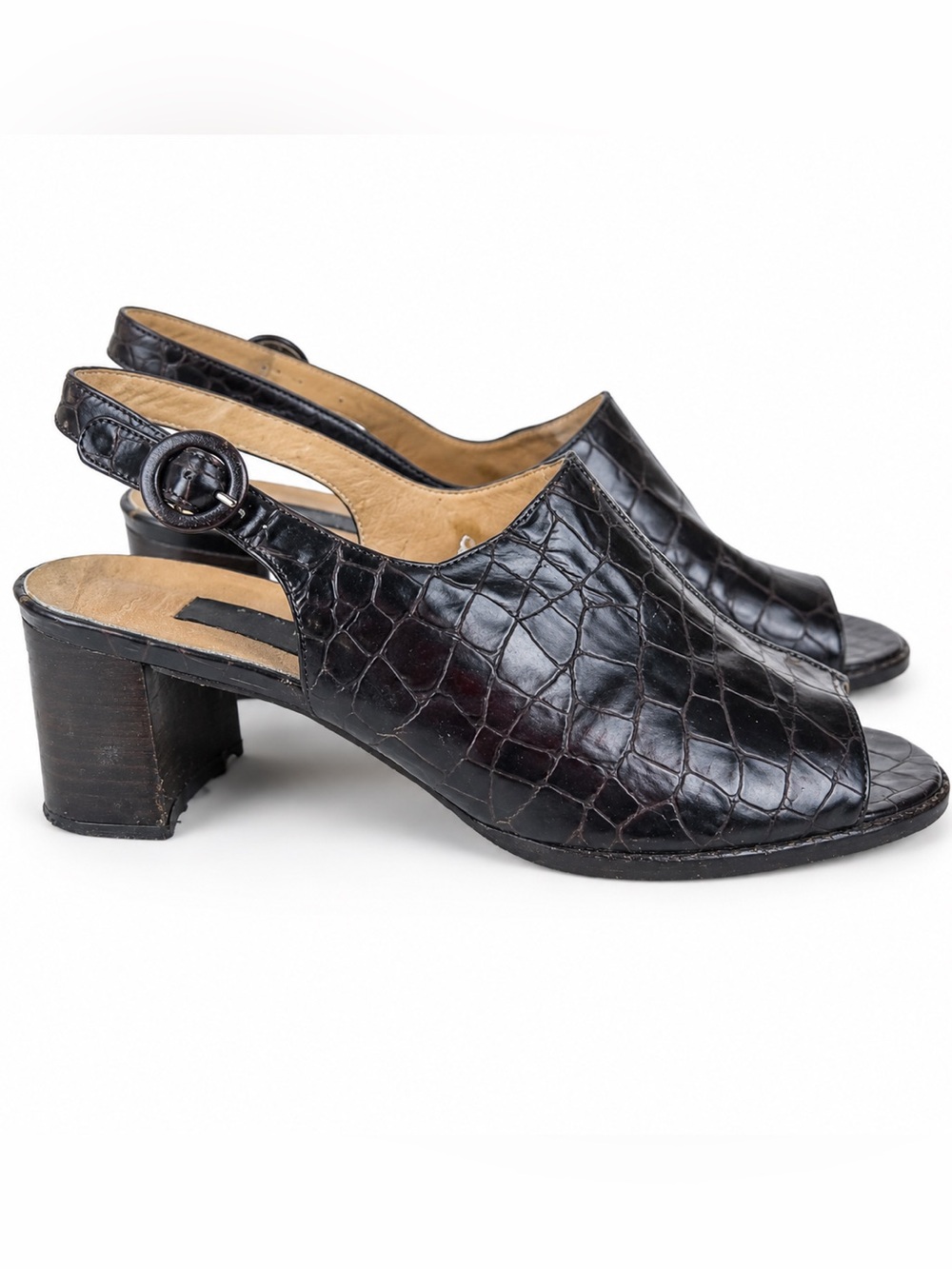 Stuart Weitzman Croc Embossed Slingback Block Heel Sandals 9